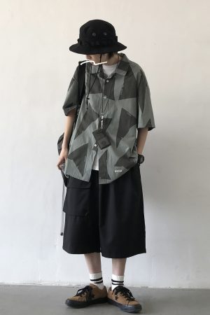 Men's Hawaiian Style Japanese Blue Color-Blocked Short Sleeve Shirt - Trendy Casual Five-Point Sleeve 90s Y2K Fashion