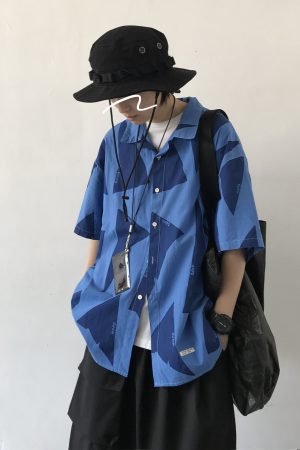 Men's Hawaiian Style Japanese Blue Color-Blocked Short Sleeve Shirt - Trendy Casual Five-Point Sleeve 90s Y2K Fashion