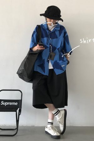Men's Hawaiian Style Japanese Blue Color-Blocked Short Sleeve Shirt - Trendy Casual Five-Point Sleeve 90s Y2K Fashion