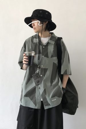 Men's Hawaiian Style Japanese Blue Color-Blocked Short Sleeve Shirt - Trendy Casual Five-Point Sleeve 90s Y2K Fashion
