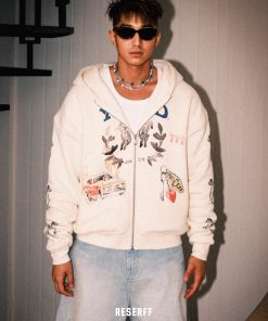 Men's Heavyweight Watercolor Zipper Hoodie - Collaborative Racing Design, Washed Waffle Lined Sweatshirt, Casual Streetwear Style