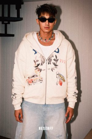 Men's Heavyweight Watercolor Zipper Hoodie - Collaborative Racing Design, Washed Waffle Lined Sweatshirt, Casual Streetwear Style