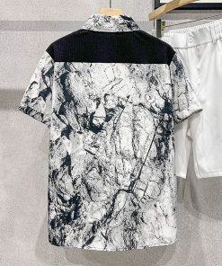 Men's Ice Silk Short Sleeve Spliced Shirt, Trendy Ink Wash Print, Chinese Style Summer Top, Fashionable Casual Wear for Men