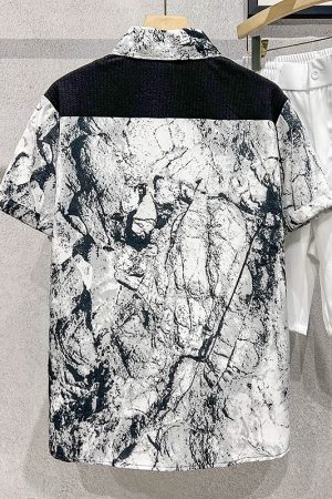 Men's Ice Silk Short Sleeve Spliced Shirt, Trendy Ink Wash Print, Chinese Style Summer Top, Fashionable Casual Wear for Men
