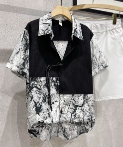 Men's Ice Silk Short Sleeve Spliced Shirt, Trendy Ink Wash Print, Chinese Style Summer Top, Fashionable Casual Wear for Men