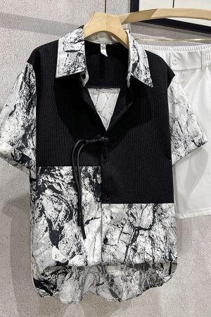 Men's Ice Silk Short Sleeve Spliced Shirt, Trendy Ink Wash Print, Chinese Style Summer Top, Fashionable Casual Wear for Men