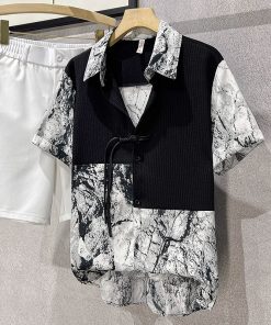 Men's Ice Silk Short Sleeve Spliced Shirt, Trendy Ink Wash Print, Chinese Style Summer Top, Fashionable Casual Wear for Men