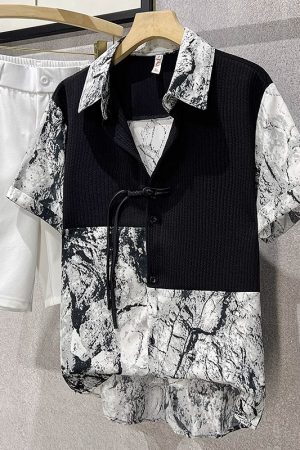 Men's Ice Silk Short Sleeve Spliced Shirt, Trendy Ink Wash Print, Chinese Style Summer Top, Fashionable Casual Wear for Men