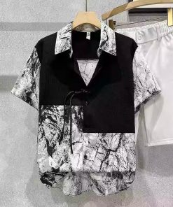 Men's Ice Silk Short Sleeve Spliced Shirt, Trendy Ink Wash Print, Chinese Style Summer Top, Fashionable Casual Wear for Men