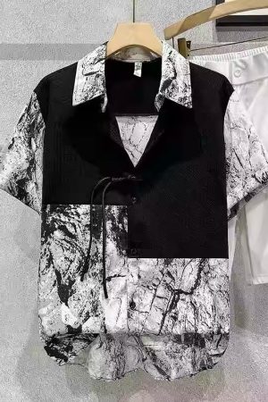 Men's Ice Silk Short Sleeve Spliced Shirt, Trendy Ink Wash Print, Chinese Style Summer Top, Fashionable Casual Wear for Men