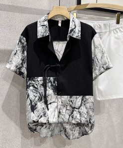 Men's Ice Silk Short Sleeve Spliced Shirt, Trendy Ink Wash Print, Chinese Style Summer Top, Fashionable Casual Wear for Men