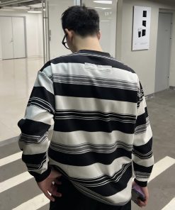 Men's Japanese Style Minimalist Black and White Striped Thin Sweatshirt - Casual 90s Inspired Top for Autumn