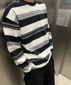 Men's Japanese Style Minimalist Black and White Striped Thin Sweatshirt - Casual 90s Inspired Top for Autumn