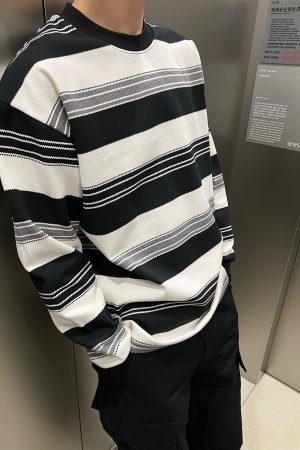 Men's Japanese Style Minimalist Black and White Striped Thin Sweatshirt - Casual 90s Inspired Top for Autumn