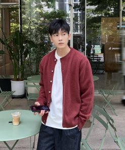 Men's Korean Style Red Wool Cardigan Jacket - Casual Loose Comfortable Versatile Top for Autumn and Winter