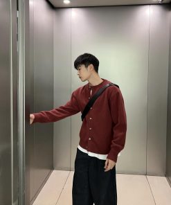 Men's Korean Style Red Wool Cardigan Jacket - Casual Loose Comfortable Versatile Top for Autumn and Winter