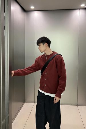 Men's Korean Style Red Wool Cardigan Jacket - Casual Loose Comfortable Versatile Top for Autumn and Winter