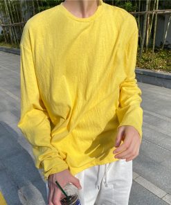 Men's Long Sleeve T-Shirt - Summer Thin Sun Protection, Loose Cotton Round Neck, Breathable, Trendy Solid Color Top for Casual Wear