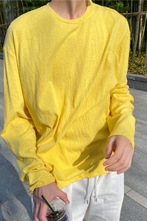 Men's Long Sleeve T-Shirt - Summer Thin Sun Protection, Loose Cotton Round Neck, Breathable, Trendy Solid Color Top for Casual Wear