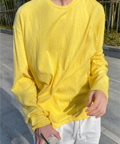 Men's Long Sleeve T-Shirt - Summer Thin Sun Protection, Loose Cotton Round Neck, Breathable, Trendy Solid Color Top for Casual Wear