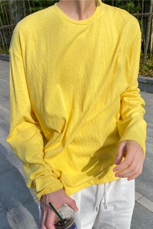 Men's Long Sleeve T-Shirt - Summer Thin Sun Protection, Loose Cotton Round Neck, Breathable, Trendy Solid Color Top for Casual Wear
