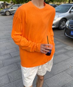 Men's Long Sleeve T-Shirt - Summer Thin Sun Protection, Loose Cotton Round Neck, Breathable, Trendy Solid Color Top for Casual Wear