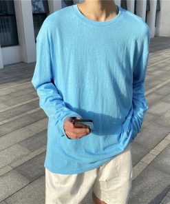 Men's Long Sleeve T-Shirt - Summer Thin Sun Protection, Loose Cotton Round Neck, Breathable, Trendy Solid Color Top for Casual Wear