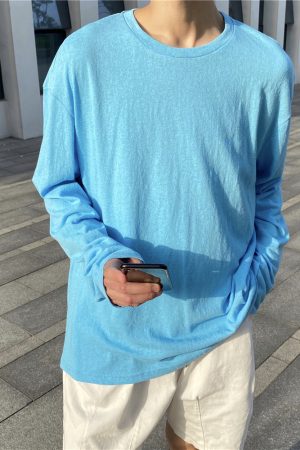 Men's Long Sleeve T-Shirt - Summer Thin Sun Protection, Loose Cotton Round Neck, Breathable, Trendy Solid Color Top for Casual Wear