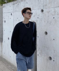 Men's Long Sleeve T-Shirt - Summer Thin Sun Protection, Loose Cotton Round Neck, Breathable, Trendy Solid Color Top for Casual Wear