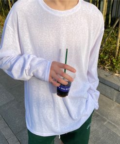 Men's Long Sleeve T-Shirt - Summer Thin Sun Protection, Loose Cotton Round Neck, Breathable, Trendy Solid Color Top for Casual Wear