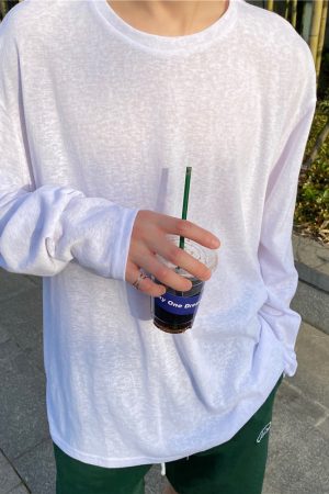 Men's Long Sleeve T-Shirt - Summer Thin Sun Protection, Loose Cotton Round Neck, Breathable, Trendy Solid Color Top for Casual Wear