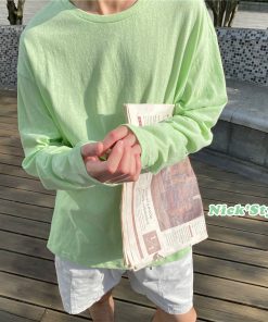 Men's Long Sleeve T-Shirt - Summer Thin Sun Protection, Loose Cotton Round Neck, Breathable, Trendy Solid Color Top for Casual Wear