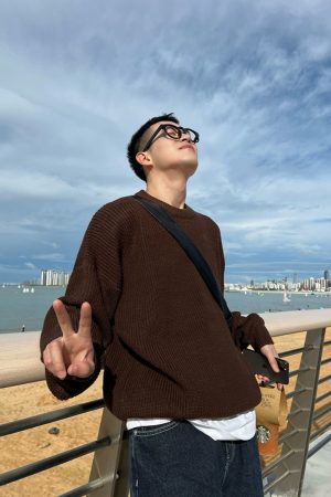 Men's Loose Casual Sweater - Autumn Winter Coffee Color Round Neck Pullover Knitwear, Cozy Lazy Style