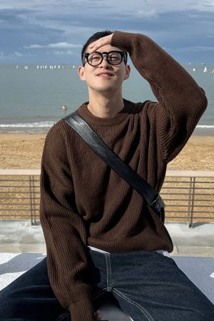 Men's Loose Casual Sweater - Autumn Winter Coffee Color Round Neck Pullover Knitwear, Cozy Lazy Style