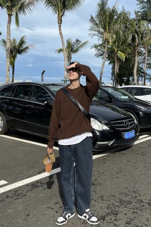 Men's Loose Casual Sweater - Autumn Winter Coffee Color Round Neck Pullover Knitwear, Cozy Lazy Style