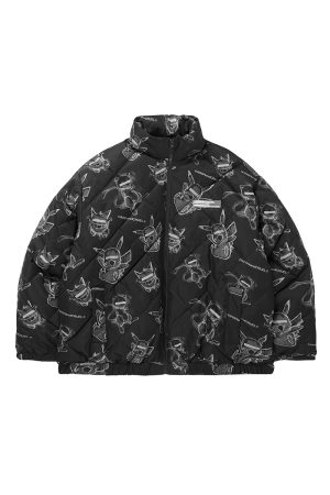 Men's Loose Cotton Jacket with Hand-Drawn PokÃ©mon Print, Diamond Quilted Street Fashion Style
