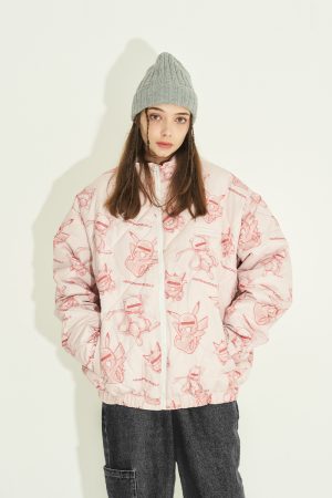 Men's Loose Cotton Jacket with Hand-Drawn PokÃ©mon Print, Diamond Quilted Street Fashion Style