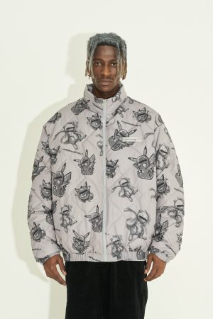 Men's Loose Cotton Jacket with Hand-Drawn PokÃ©mon Print, Diamond Quilted Street Fashion Style