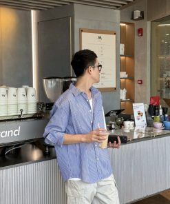 Men's Loose Fit Blue Plaid Long Sleeve Shirt - Korean Style Autumn Fashion Top