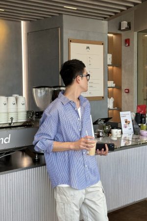 Men's Loose Fit Blue Plaid Long Sleeve Shirt - Korean Style Autumn Fashion Top