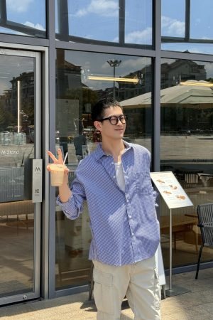 Men's Loose Fit Blue Plaid Long Sleeve Shirt - Korean Style Autumn Fashion Top