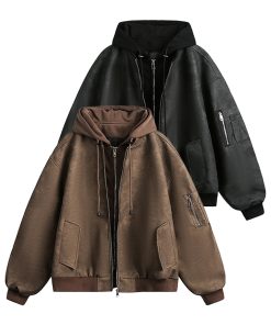 Men's Loose Fit Hooded Jacket - American Vintage Fake Two-Piece PU Leather Coat for Spring & Autumn - Hip-Hop Style Fashion