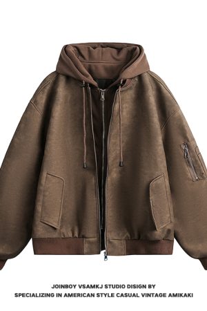 Men's Loose Fit Hooded Jacket - American Vintage Fake Two-Piece PU Leather Coat for Spring & Autumn - Hip-Hop Style Fashion