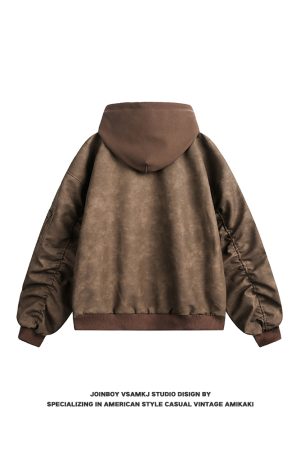Men's Loose Fit Hooded Jacket - American Vintage Fake Two-Piece PU Leather Coat for Spring & Autumn - Hip-Hop Style Fashion