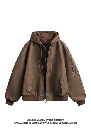 Men's Loose Fit Hooded Jacket - American Vintage Fake Two-Piece PU Leather Coat for Spring & Autumn - Hip-Hop Style Fashion