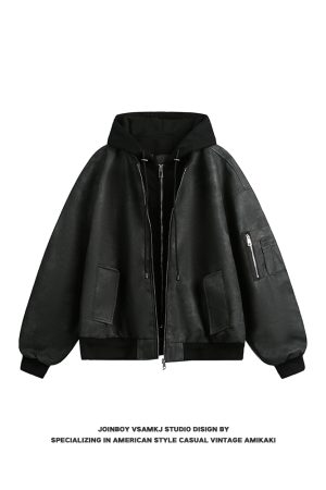 Men's Loose Fit Hooded Jacket - American Vintage Fake Two-Piece PU Leather Coat for Spring & Autumn - Hip-Hop Style Fashion