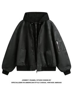 Men's Loose Fit Hooded Jacket - American Vintage Fake Two-Piece PU Leather Coat for Spring & Autumn - Hip-Hop Style Fashion
