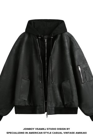 Men's Loose Fit Hooded Jacket - American Vintage Fake Two-Piece PU Leather Coat for Spring & Autumn - Hip-Hop Style Fashion