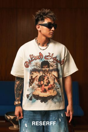 Men's Loose Fit Short Sleeve T-Shirt with Middle East Concert Illustration - Trendy Urban Style, Inspired by 90s & Y2K Fashion