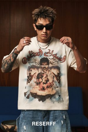 Men's Loose Fit Short Sleeve T-Shirt with Middle East Concert Illustration - Trendy Urban Style, Inspired by 90s & Y2K Fashion
